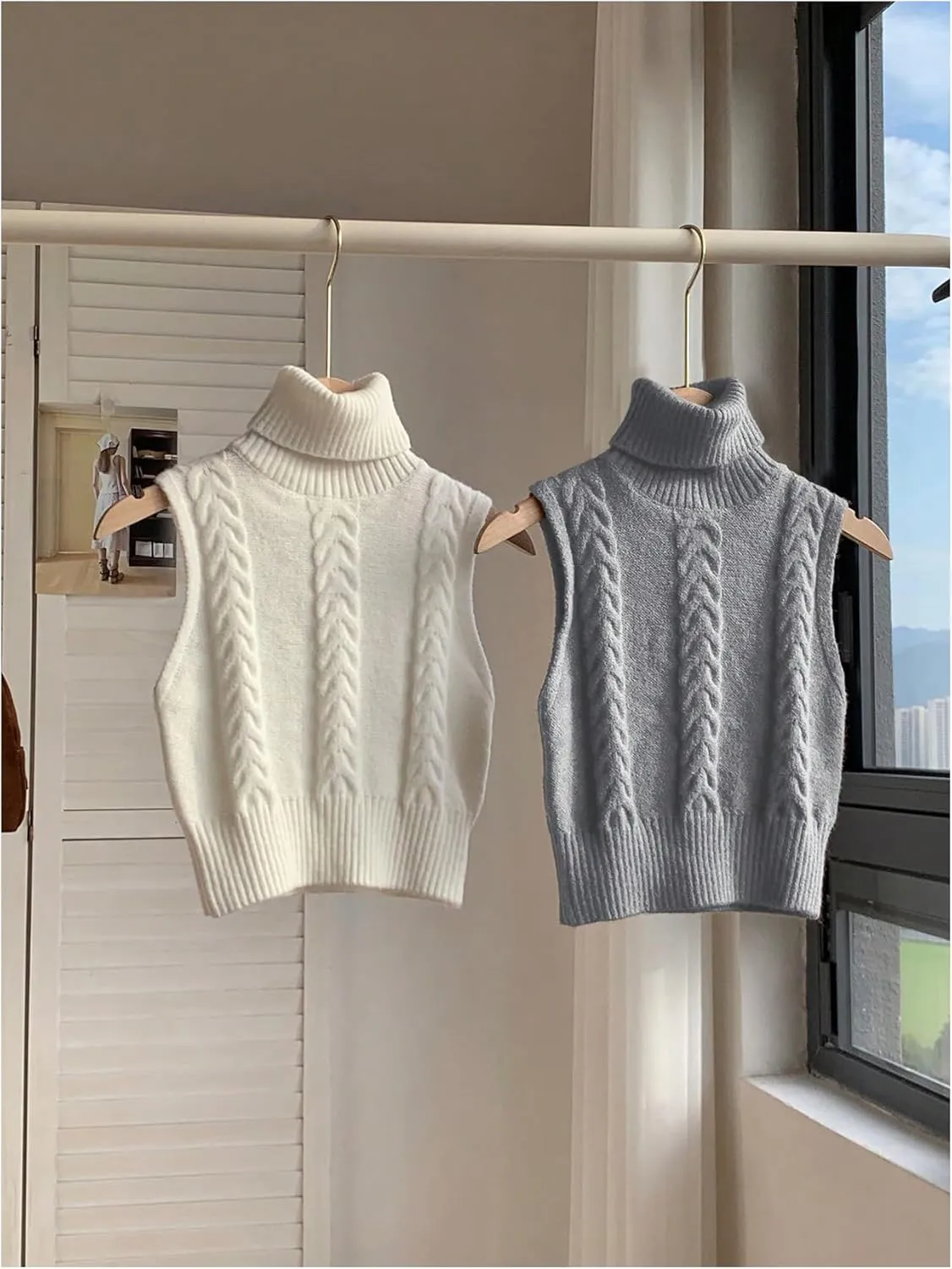 Women's 2 Piece Cable Knit Cropped Sweater Vest High Neck Sleeveless Knit Pullover Top