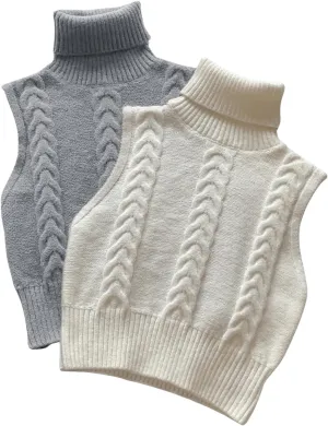 Women's 2 Piece Cable Knit Cropped Sweater Vest High Neck Sleeveless Knit Pullover Top