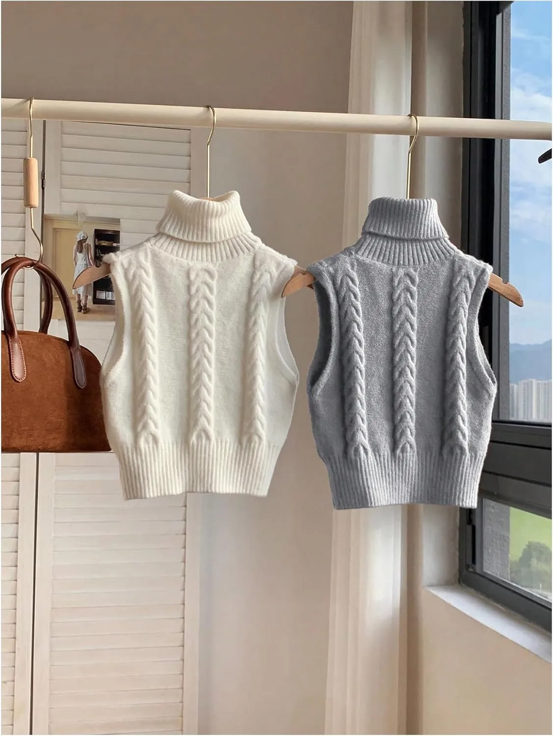 Women's 2 Piece Cable Knit Cropped Sweater Vest High Neck Sleeveless Knit Pullover Top