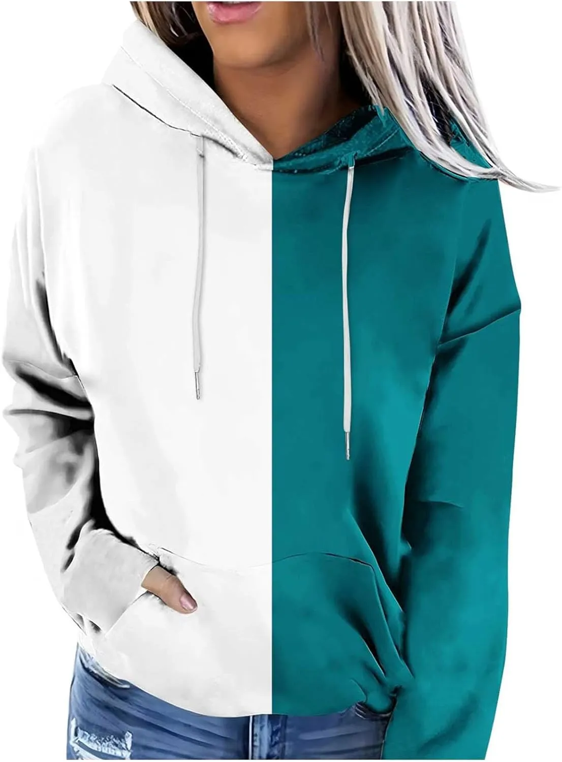 Womens 2024 Hooded Color Block Drawstring Hoodies Pullover Sweatshirts Casual Long Sleeve Tops Shirts Fall Winter