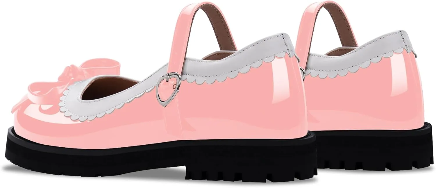 Women's Bow Patent Leather Platform Mary Janes Ankle Strap Closed Toe Kawaii Goth Uniform Flats