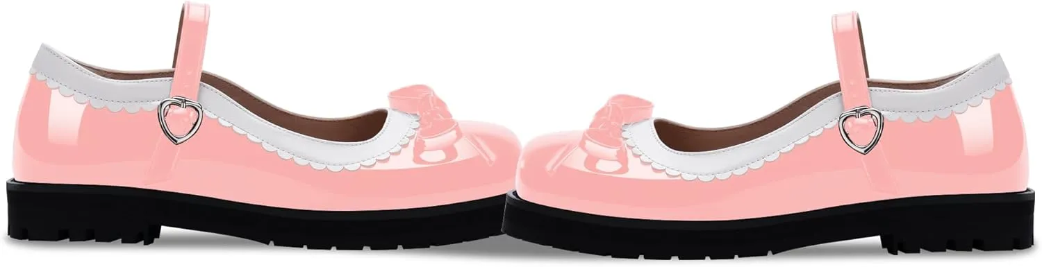 Women's Bow Patent Leather Platform Mary Janes Ankle Strap Closed Toe Kawaii Goth Uniform Flats
