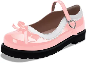 Women's Bow Patent Leather Platform Mary Janes Ankle Strap Closed Toe Kawaii Goth Uniform Flats