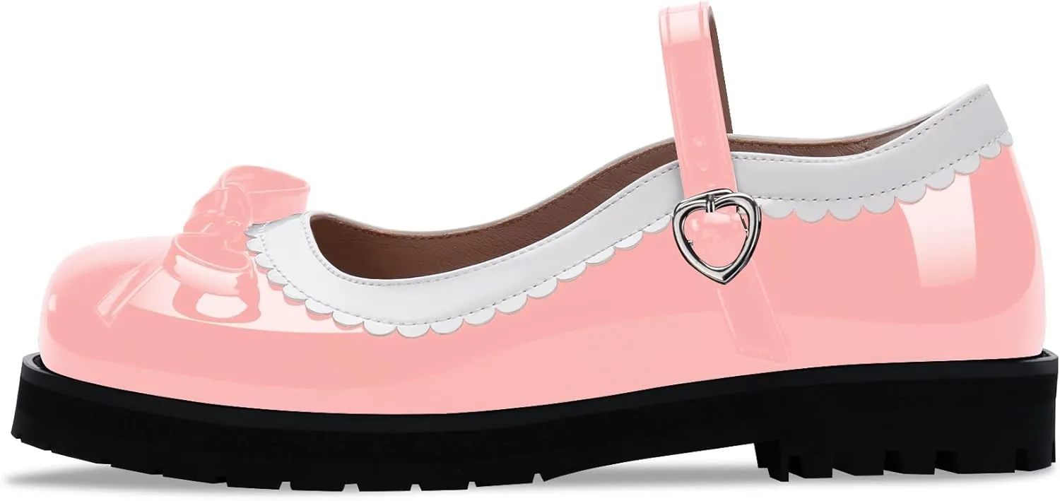 Women's Bow Patent Leather Platform Mary Janes Ankle Strap Closed Toe Kawaii Goth Uniform Flats