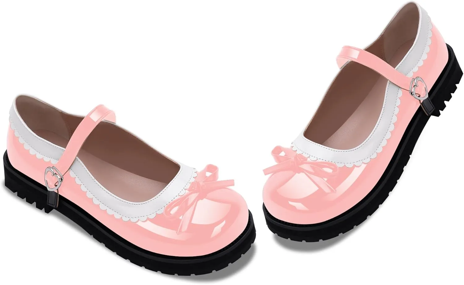 Women's Bow Patent Leather Platform Mary Janes Ankle Strap Closed Toe Kawaii Goth Uniform Flats