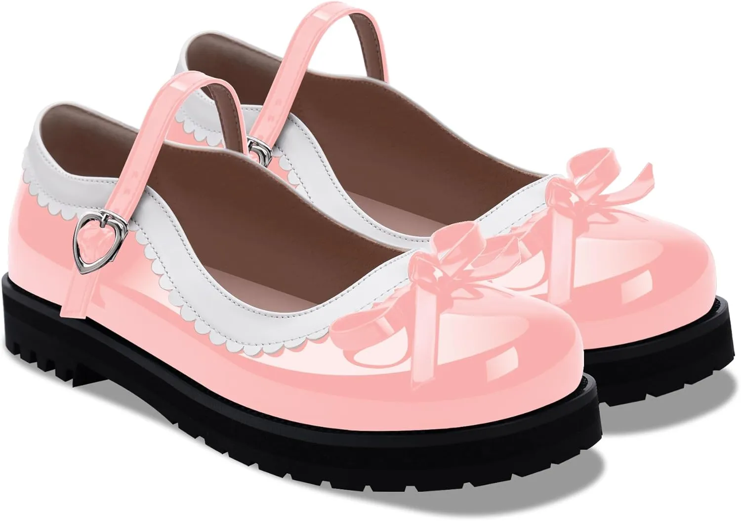 Women's Bow Patent Leather Platform Mary Janes Ankle Strap Closed Toe Kawaii Goth Uniform Flats