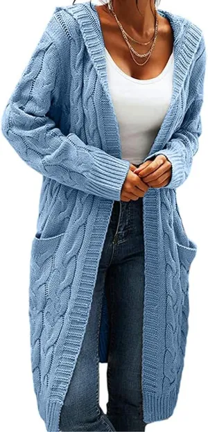 Women's Cable Knit Long Sleeve Sweater Cardigan Open Front Long Cardigans Pocket Hooded Casual Outwear