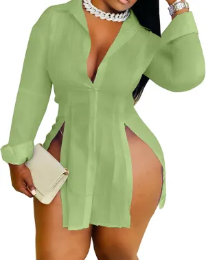 Women's Casual Dress Shirt Sexy V Neck Stand Up Collar Button Front Long Sleeve Side Split Solid Color Blouse Top