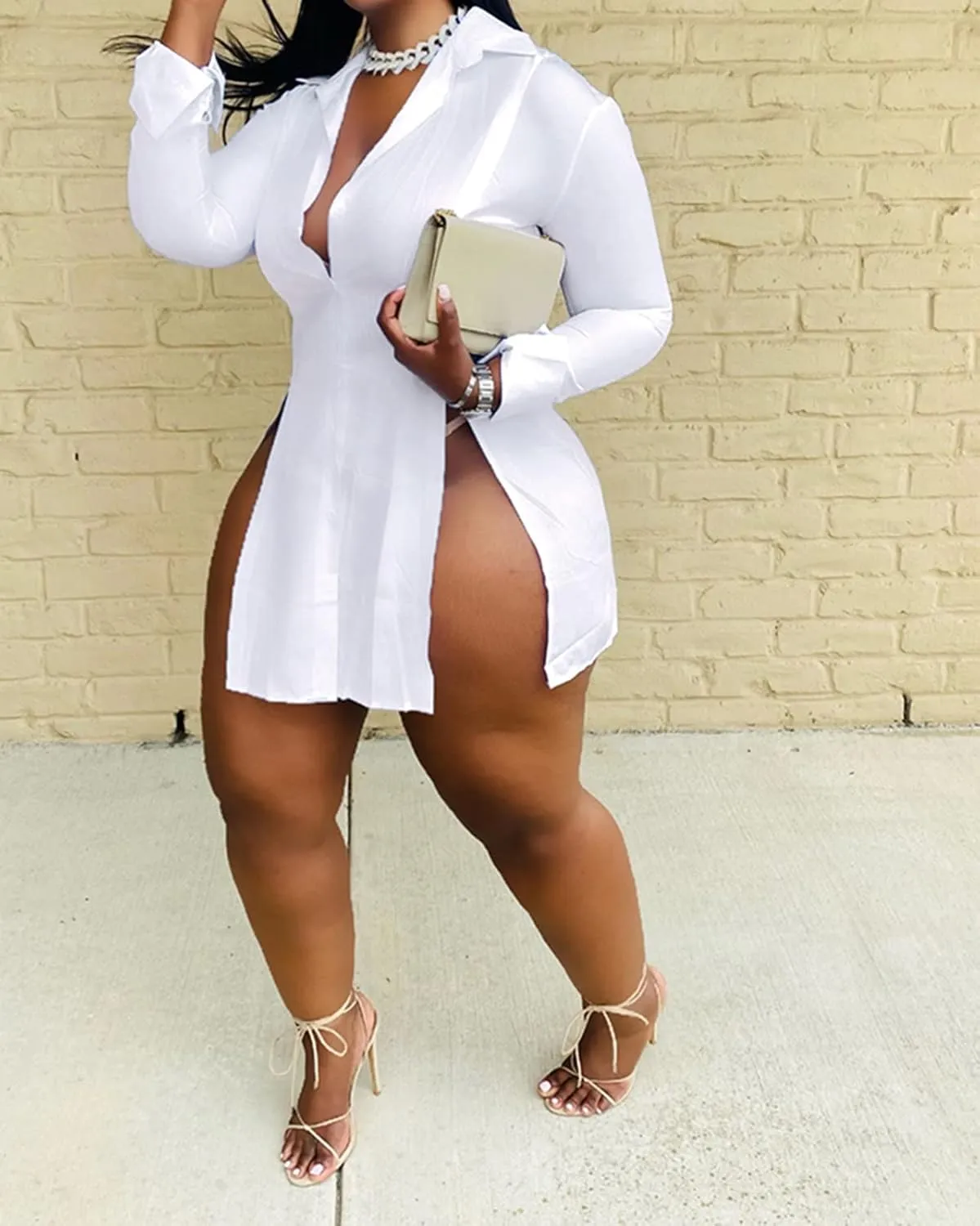 Women's Casual Dress Shirt Sexy V Neck Stand Up Collar Button Front Long Sleeve Side Split Solid Color Blouse Top
