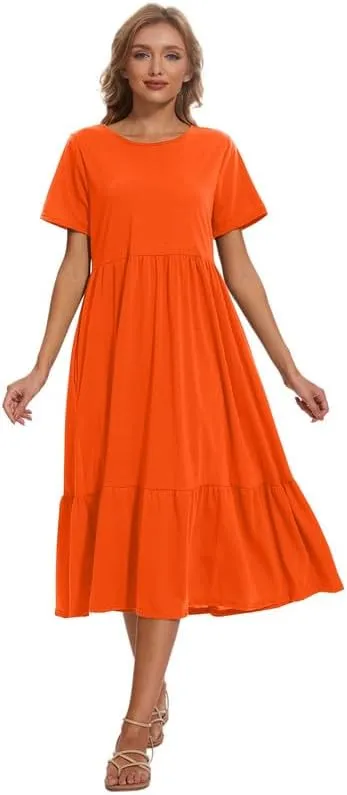 Womens Casual Dresses Flowy Maxi Dress Crewneck Short Sleeve Summer Long Dress with Pockets
