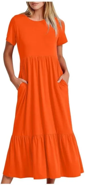 Womens Casual Dresses Flowy Maxi Dress Crewneck Short Sleeve Summer Long Dress with Pockets