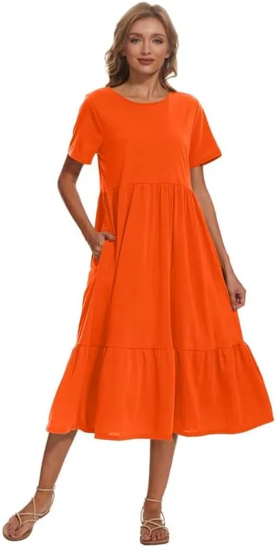 Womens Casual Dresses Flowy Maxi Dress Crewneck Short Sleeve Summer Long Dress with Pockets