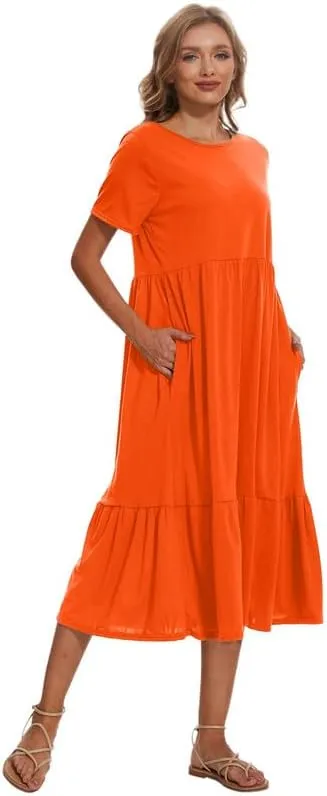 Womens Casual Dresses Flowy Maxi Dress Crewneck Short Sleeve Summer Long Dress with Pockets