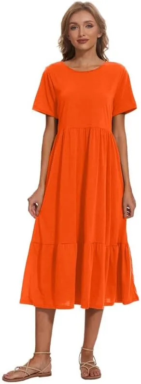Womens Casual Dresses Flowy Maxi Dress Crewneck Short Sleeve Summer Long Dress with Pockets