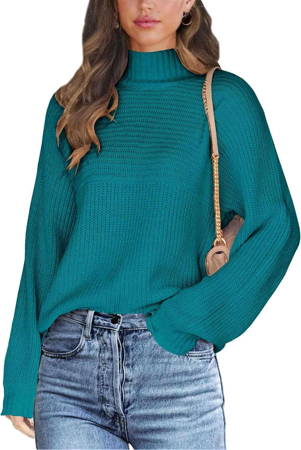 Women's Casual Turtleneck Long Batwing Sleeve Pullovers Oversized Loose Solid Ribbed Knit Pullover Sweater Tops
