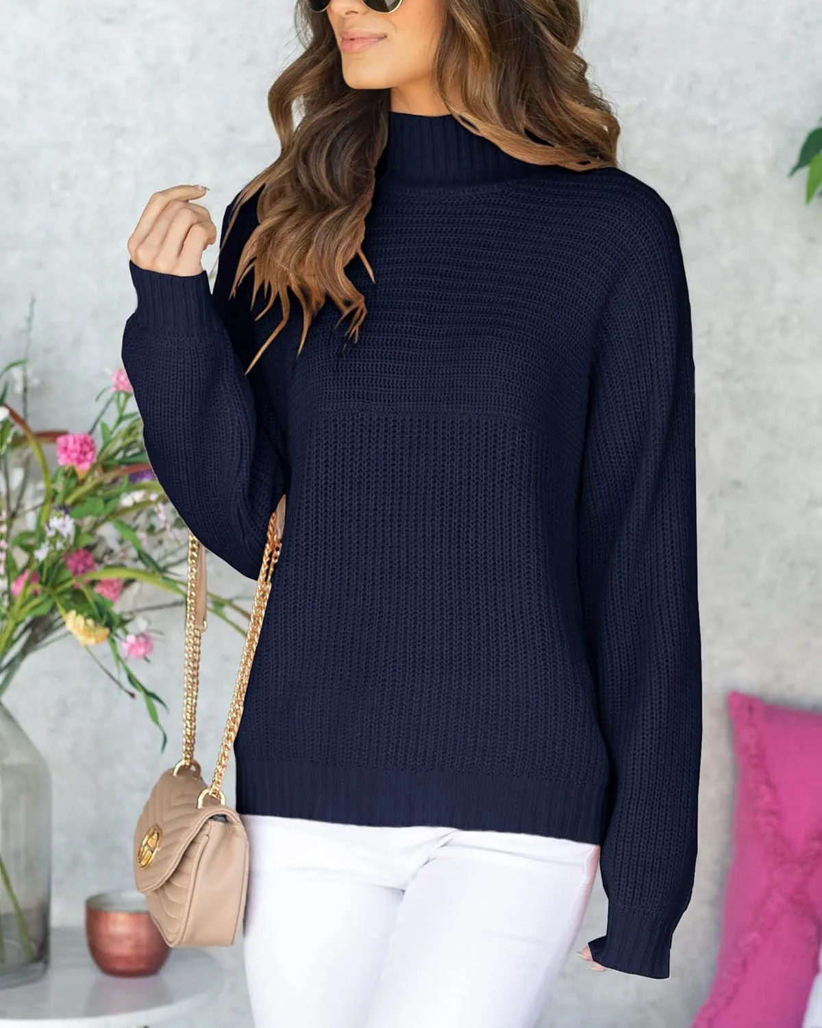 Women's Casual Turtleneck Long Batwing Sleeve Pullovers Oversized Loose Solid Ribbed Knit Pullover Sweater Tops