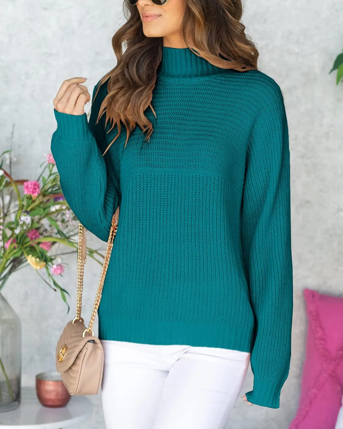 Women's Casual Turtleneck Long Batwing Sleeve Pullovers Oversized Loose Solid Ribbed Knit Pullover Sweater Tops