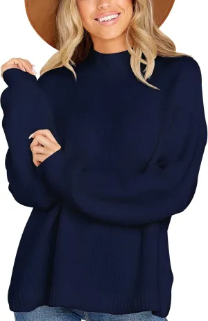 Women's Casual Turtleneck Long Batwing Sleeve Pullovers Oversized Loose Solid Ribbed Knit Pullover Sweater Tops