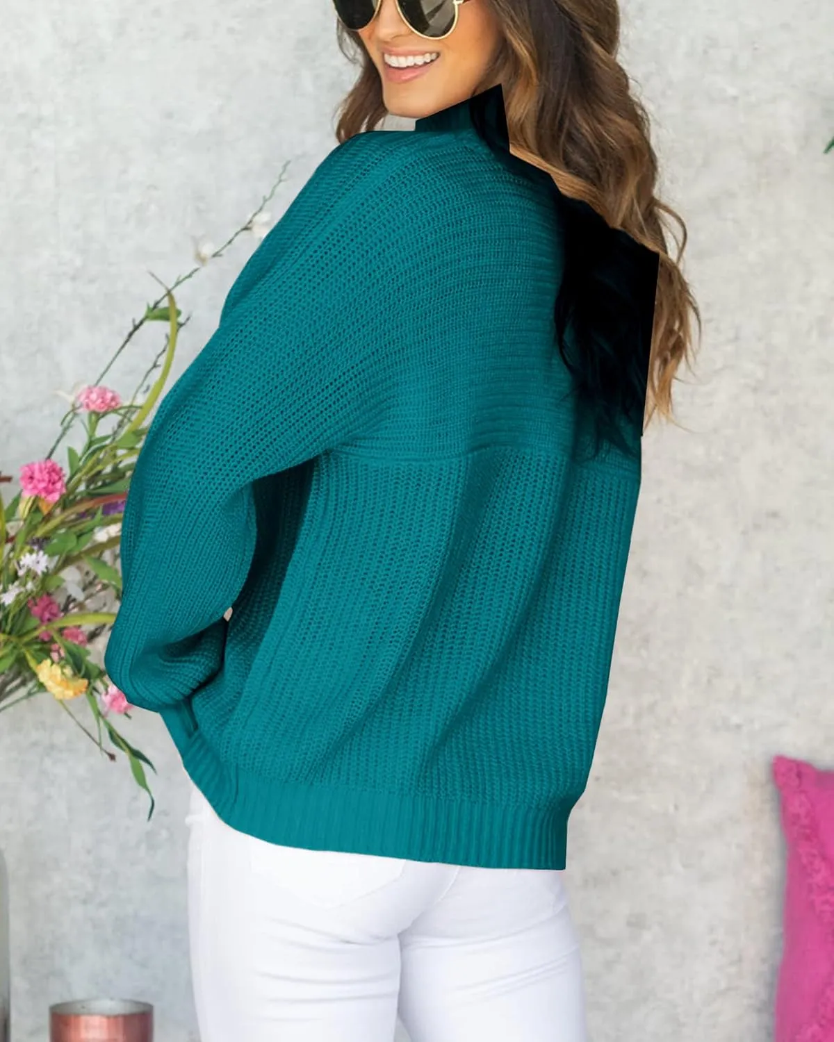 Women's Casual Turtleneck Long Batwing Sleeve Pullovers Oversized Loose Solid Ribbed Knit Pullover Sweater Tops