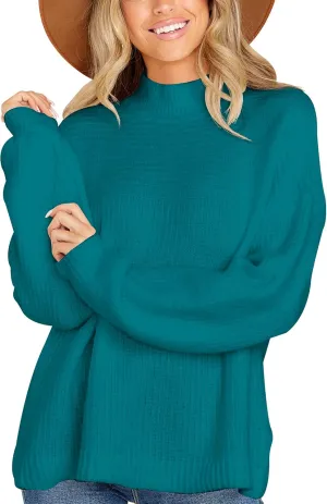 Women's Casual Turtleneck Long Batwing Sleeve Pullovers Oversized Loose Solid Ribbed Knit Pullover Sweater Tops