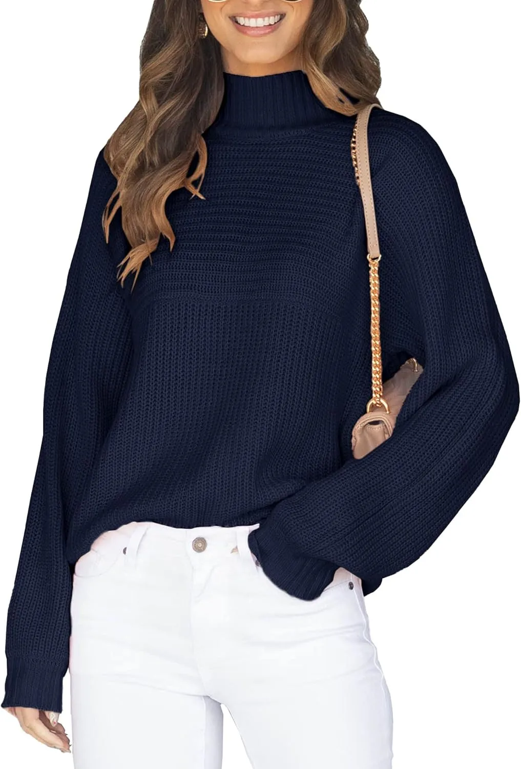 Women's Casual Turtleneck Long Batwing Sleeve Pullovers Oversized Loose Solid Ribbed Knit Pullover Sweater Tops