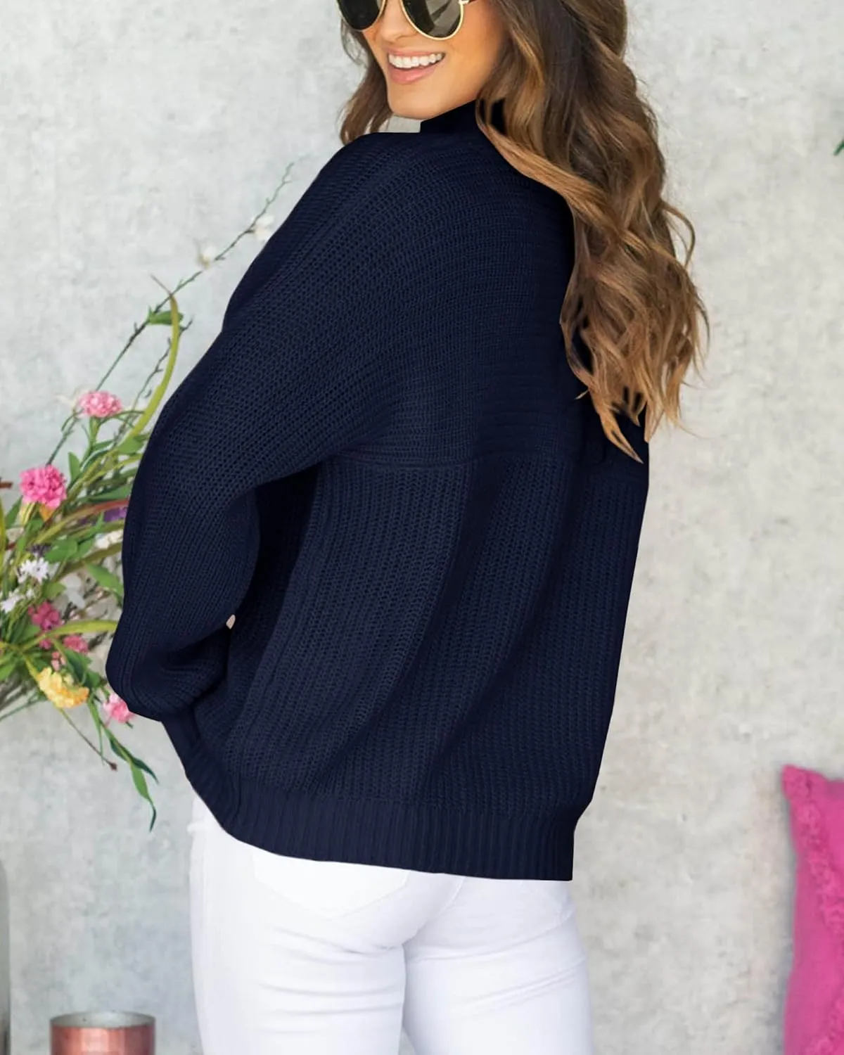 Women's Casual Turtleneck Long Batwing Sleeve Pullovers Oversized Loose Solid Ribbed Knit Pullover Sweater Tops