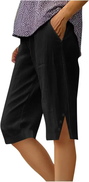 Women's Cotton Linen Bermuda Shorts Fashion Plain Side Split Short Casual Comfy Lightweight Summer Knee Length Pants