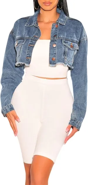 Women's Crop Top Jean Jacket Button Down Long Sleeve Cropped Denim Jacket Coat