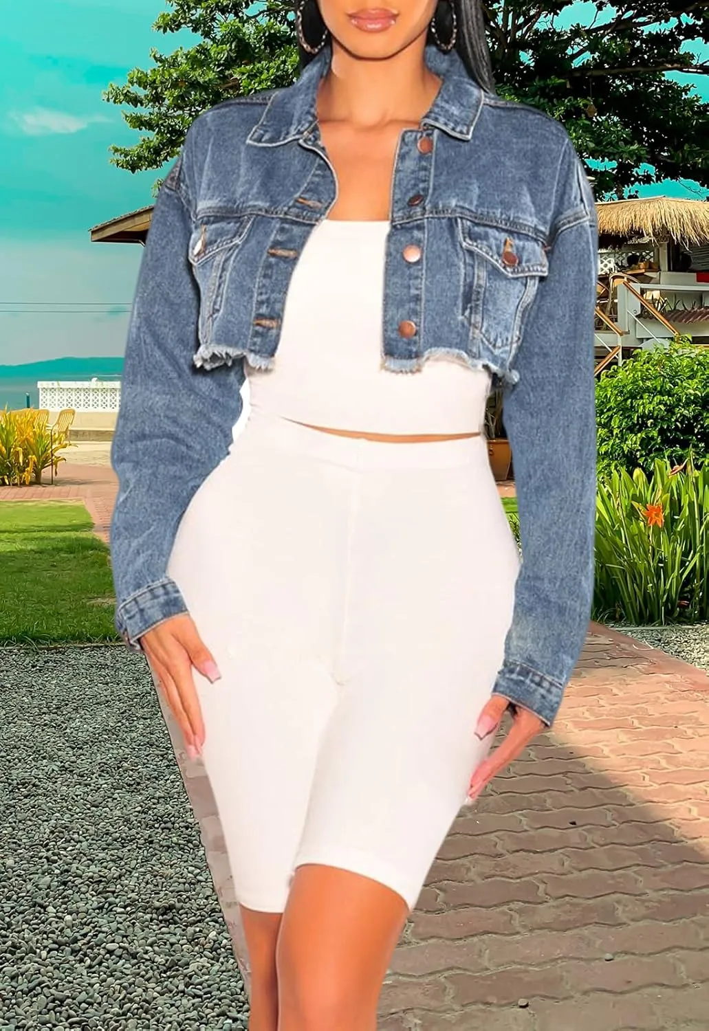 Women's Crop Top Jean Jacket Button Down Long Sleeve Cropped Denim Jacket Coat