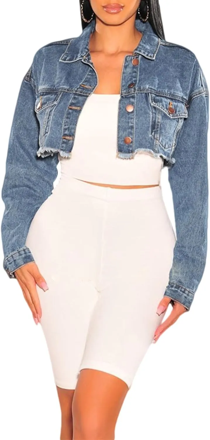 Women's Crop Top Jean Jacket Button Down Long Sleeve Cropped Denim Jacket Coat