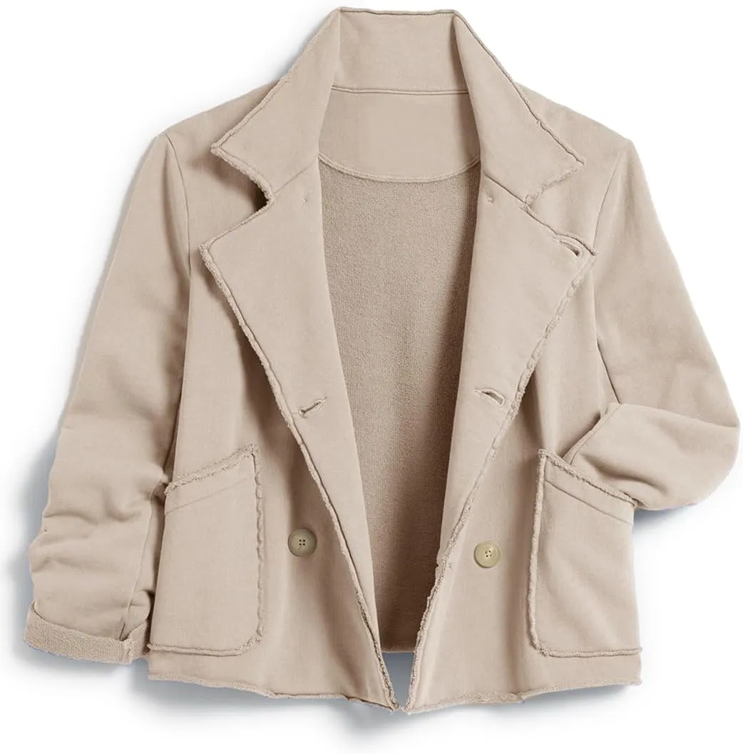 Womens Cropped Pea Coat Notched Lapel Double Breasted Trench Overcoat Blazer Jacket with Pockets