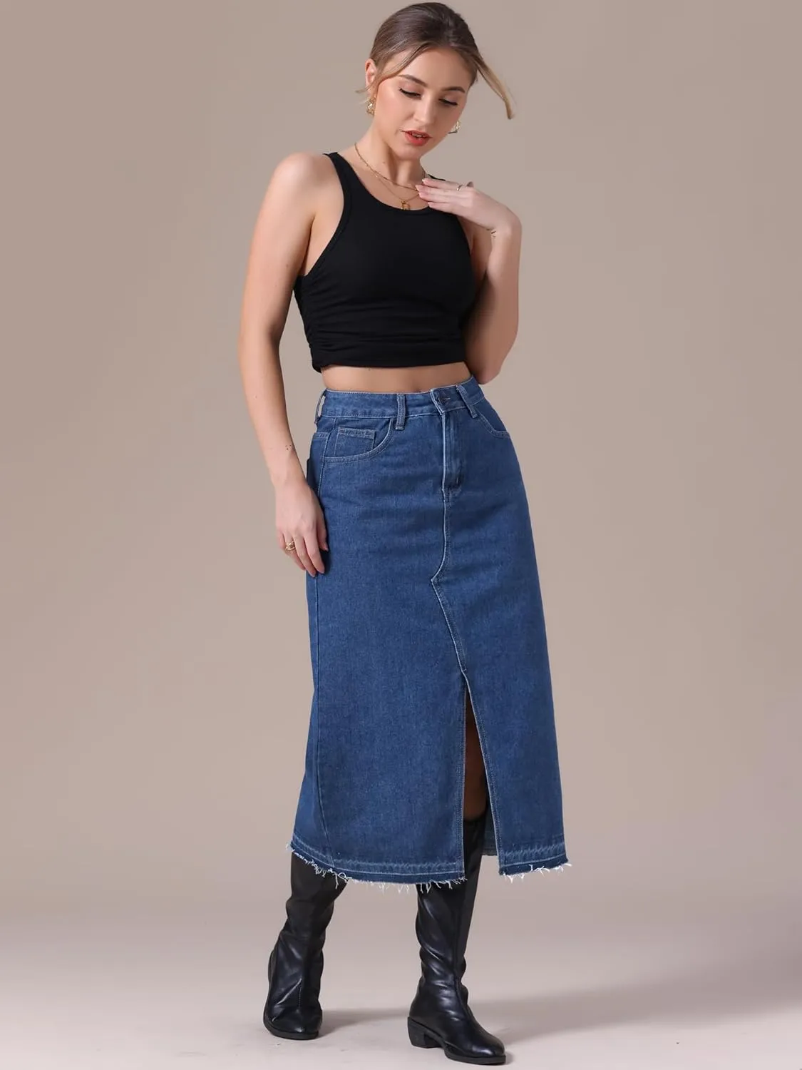 Women's Denim Skirt High Waist Front Slit Raw Trim Hem Pencil Skirt with Pockets Midi Jean Skirts