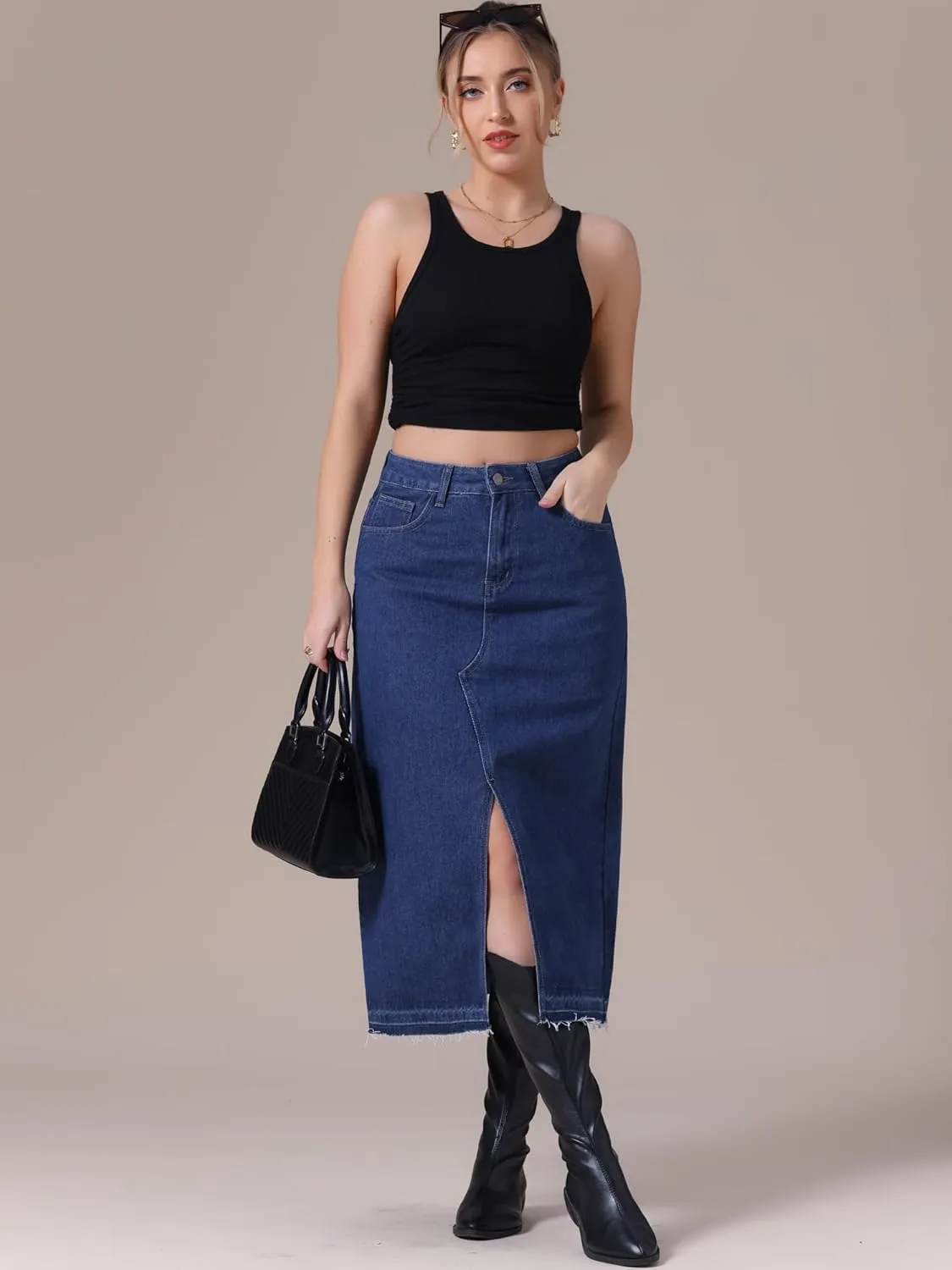 Women's Denim Skirt High Waist Front Slit Raw Trim Hem Pencil Skirt with Pockets Midi Jean Skirts