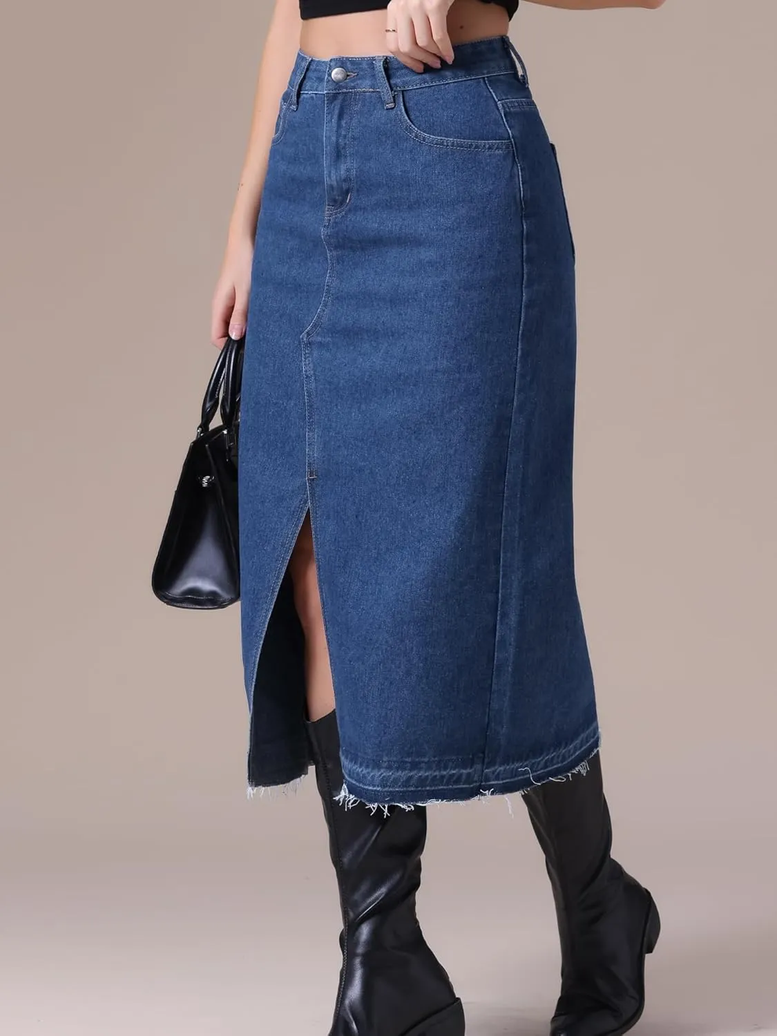 Women's Denim Skirt High Waist Front Slit Raw Trim Hem Pencil Skirt with Pockets Midi Jean Skirts