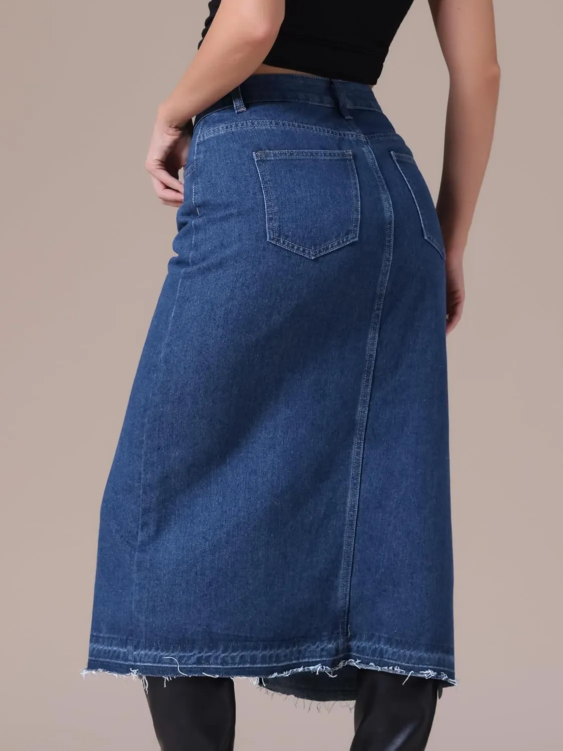 Women's Denim Skirt High Waist Front Slit Raw Trim Hem Pencil Skirt with Pockets Midi Jean Skirts