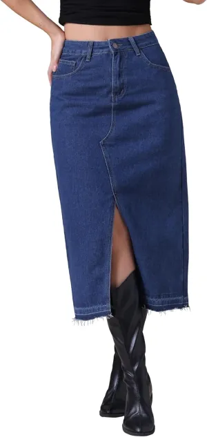 Women's Denim Skirt High Waist Front Slit Raw Trim Hem Pencil Skirt with Pockets Midi Jean Skirts