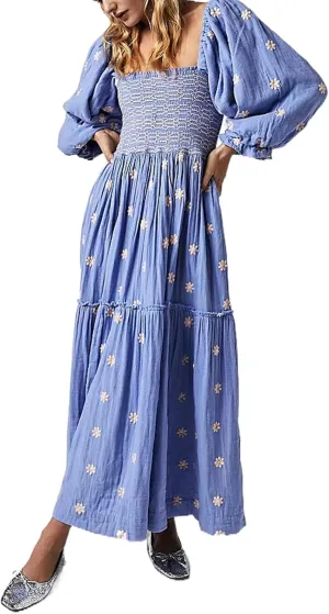 Women's Elastic Waist Flower Embroidered Maxi Dress Lantern Sleeve Square Neck Tiered Flowy Maxi Fall Dress