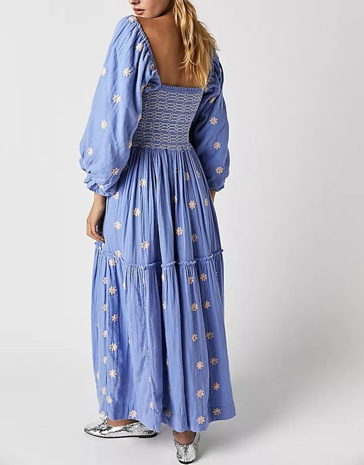 Women's Elastic Waist Flower Embroidered Maxi Dress Lantern Sleeve Square Neck Tiered Flowy Maxi Fall Dress