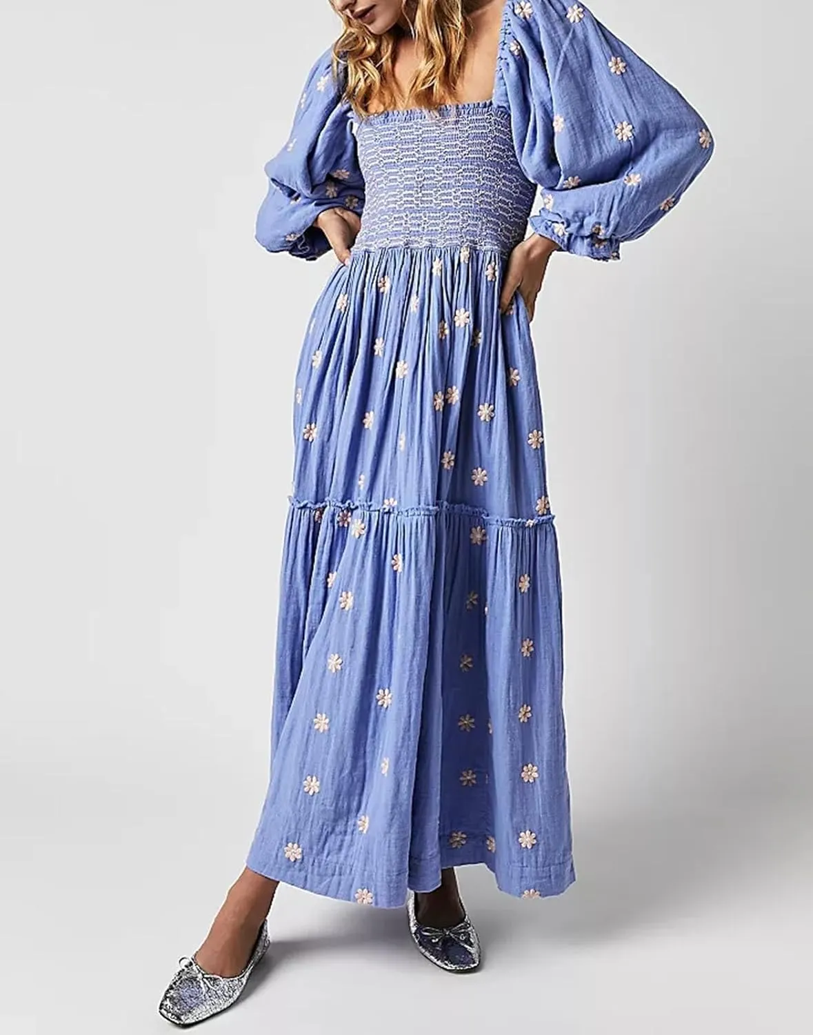 Women's Elastic Waist Flower Embroidered Maxi Dress Lantern Sleeve Square Neck Tiered Flowy Maxi Fall Dress