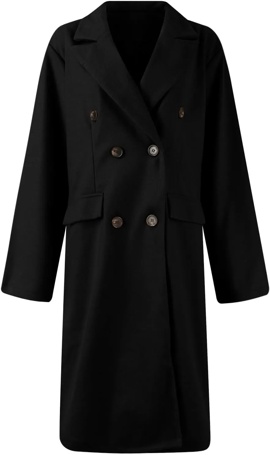 Womens Fall Winter Wool Blend Pea Coat Elegant Notch Lapel Double Breasted Long Trench Coat Thicken Warm Coat Jackets