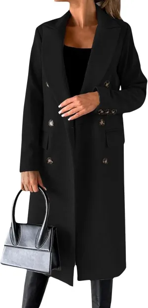 Womens Fall Winter Wool Blend Pea Coat Elegant Notch Lapel Double Breasted Long Trench Coat Thicken Warm Coat Jackets