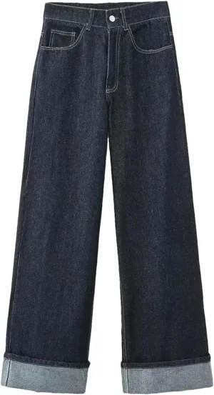 Women's Fashion Front Zipper Straight Jeans Vintage Original Color High Waist Full Length Denim Trousers
