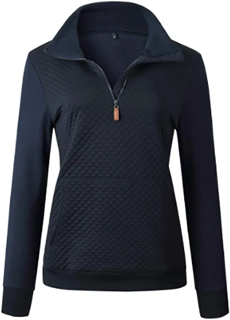 Women's Fashion Quilted Pattern Long Sleeve Casual Zipper Sweatshirt Solid Color Pullover Shirt Top.JNINTH
