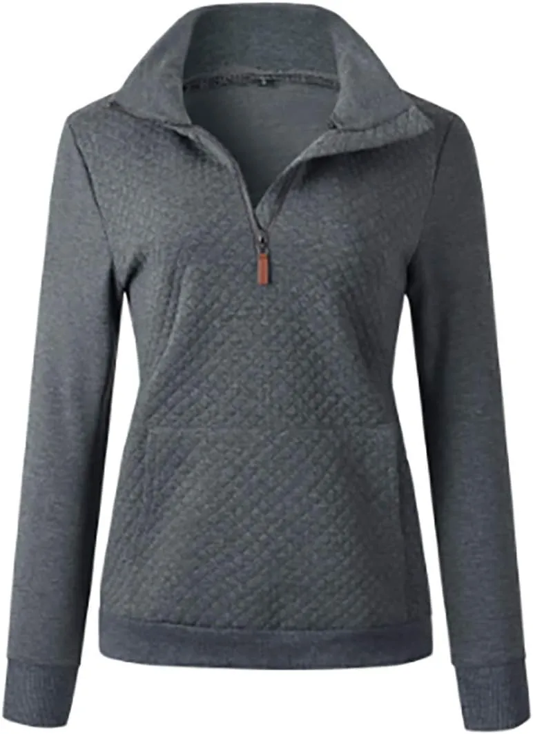 Women's Fashion Quilted Pattern Long Sleeve Casual Zipper Sweatshirt Solid Color Pullover Shirt Top.JNINTH