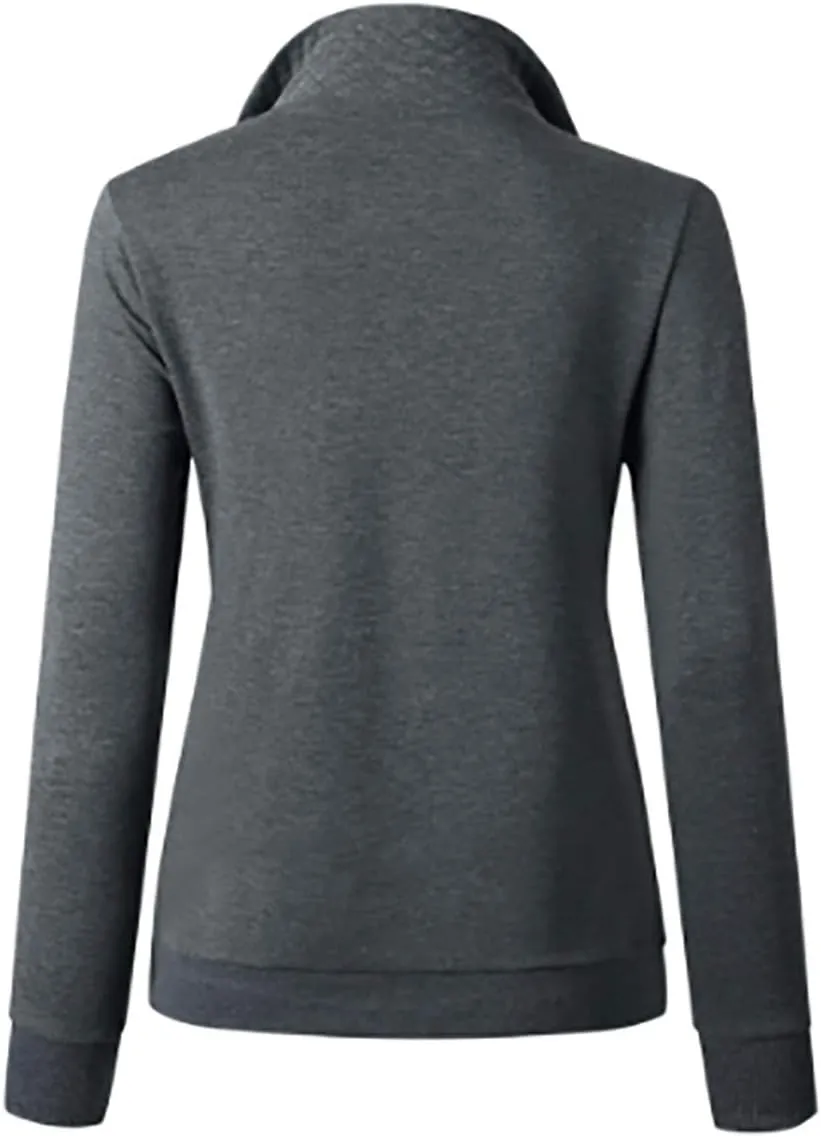 Women's Fashion Quilted Pattern Long Sleeve Casual Zipper Sweatshirt Solid Color Pullover Shirt Top.JNINTH