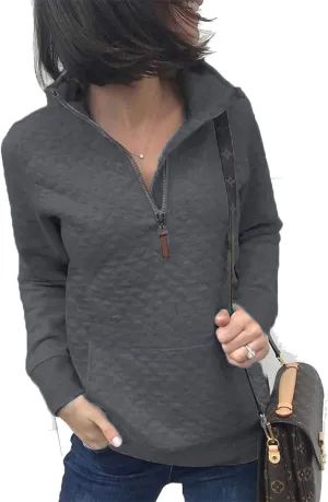 Women's Fashion Quilted Pattern Long Sleeve Casual Zipper Sweatshirt Solid Color Pullover Shirt Top.JNINTH