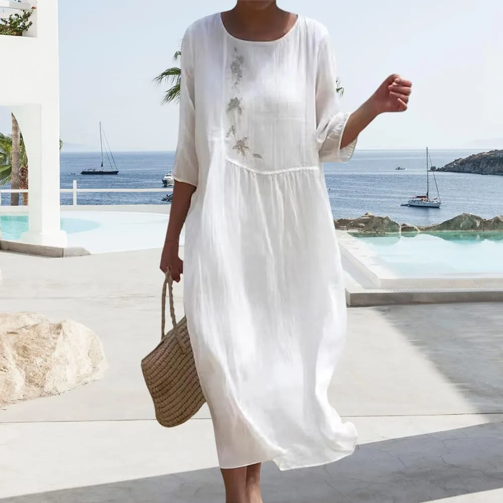 Womens Flowy Floral Embroidery Cotton Linen Maxi Dresses Summer Elegant Solid Beach Vacation Casual Long Dress
