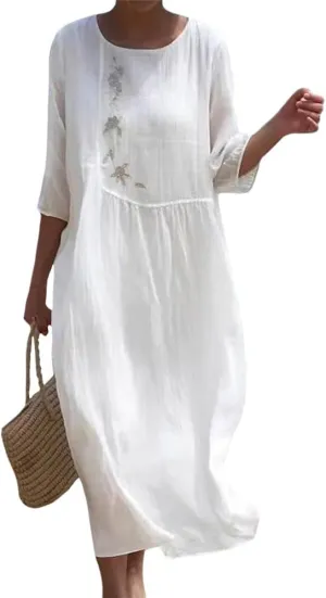 Womens Flowy Floral Embroidery Cotton Linen Maxi Dresses Summer Elegant Solid Beach Vacation Casual Long Dress
