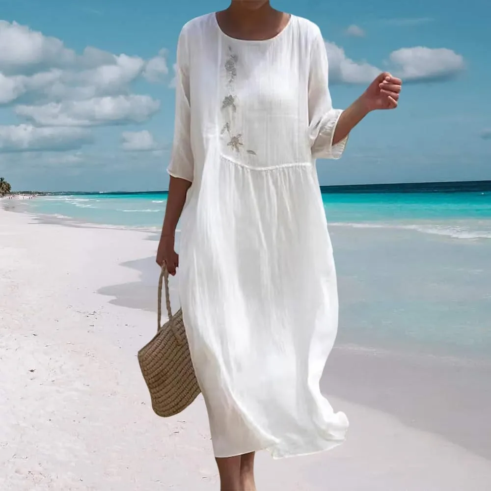 Womens Flowy Floral Embroidery Cotton Linen Maxi Dresses Summer Elegant Solid Beach Vacation Casual Long Dress