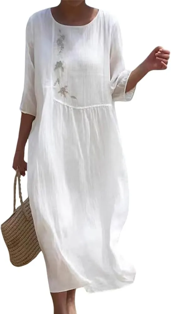 Womens Flowy Floral Embroidery Cotton Linen Maxi Dresses Summer Elegant Solid Beach Vacation Casual Long Dress